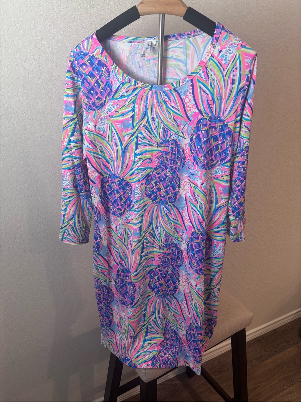 Lulu-B Neon Pineapple Shift Dress M UPF 50+ 3/4 Sleeve Tropical Resort Travel